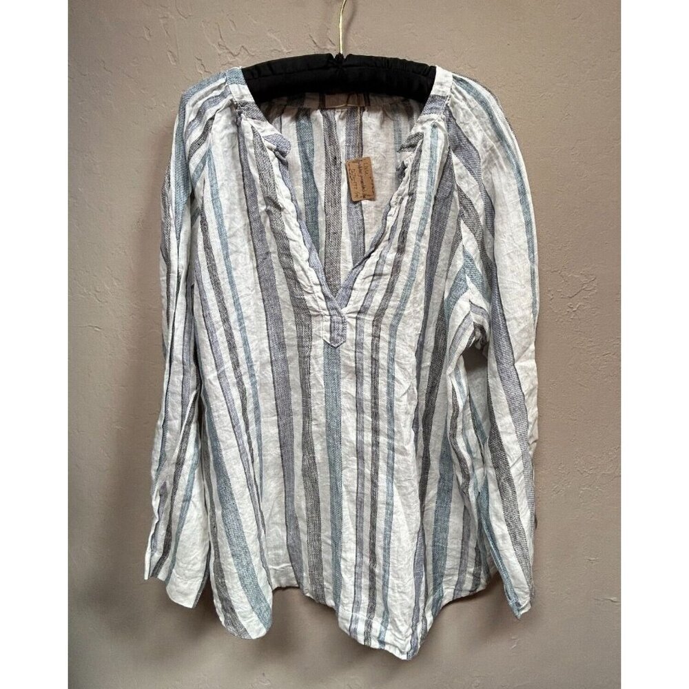 CP Shades Women's Livia Linen Popover Top Medium Deep V-Neck Long Sleeve New